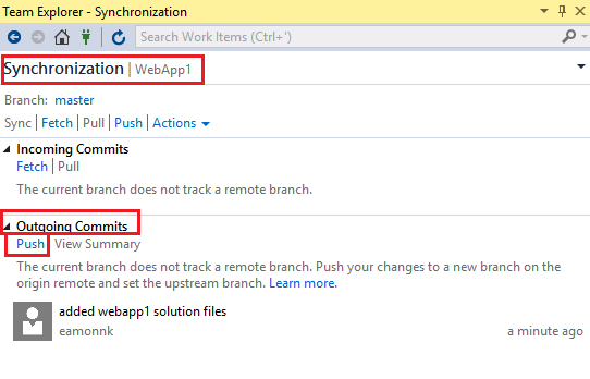 Screenshot of Visual Studio Team Explorer Synchronization pane with the Push option highlighted.